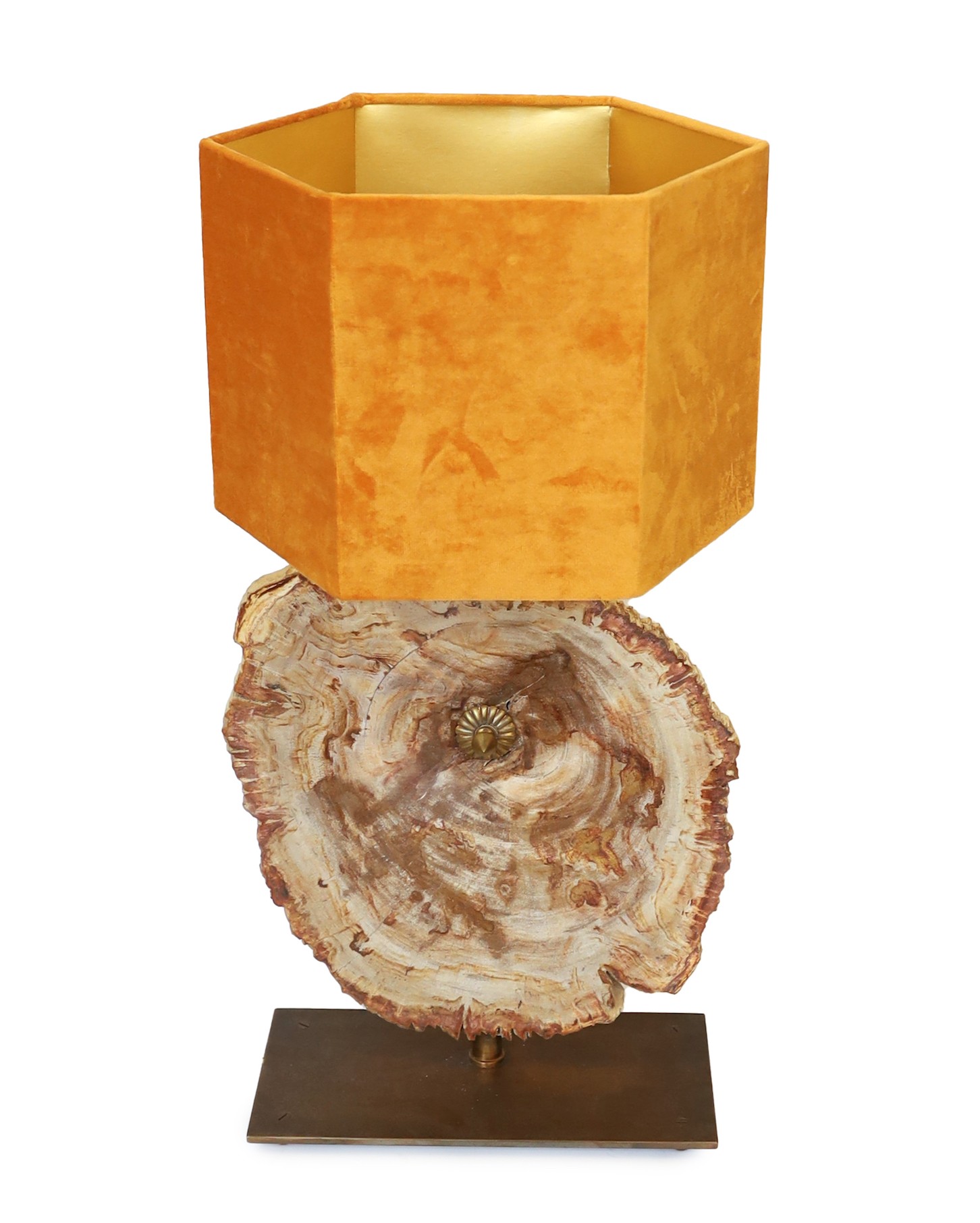 A bronze and petrified wood table lamp, height 60cm. width 28cm
